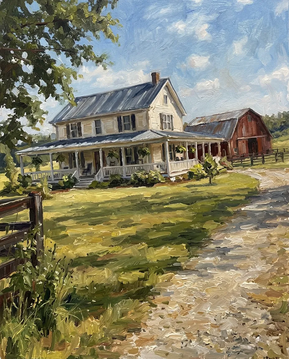Farmhouse with a red barn as an oil painting