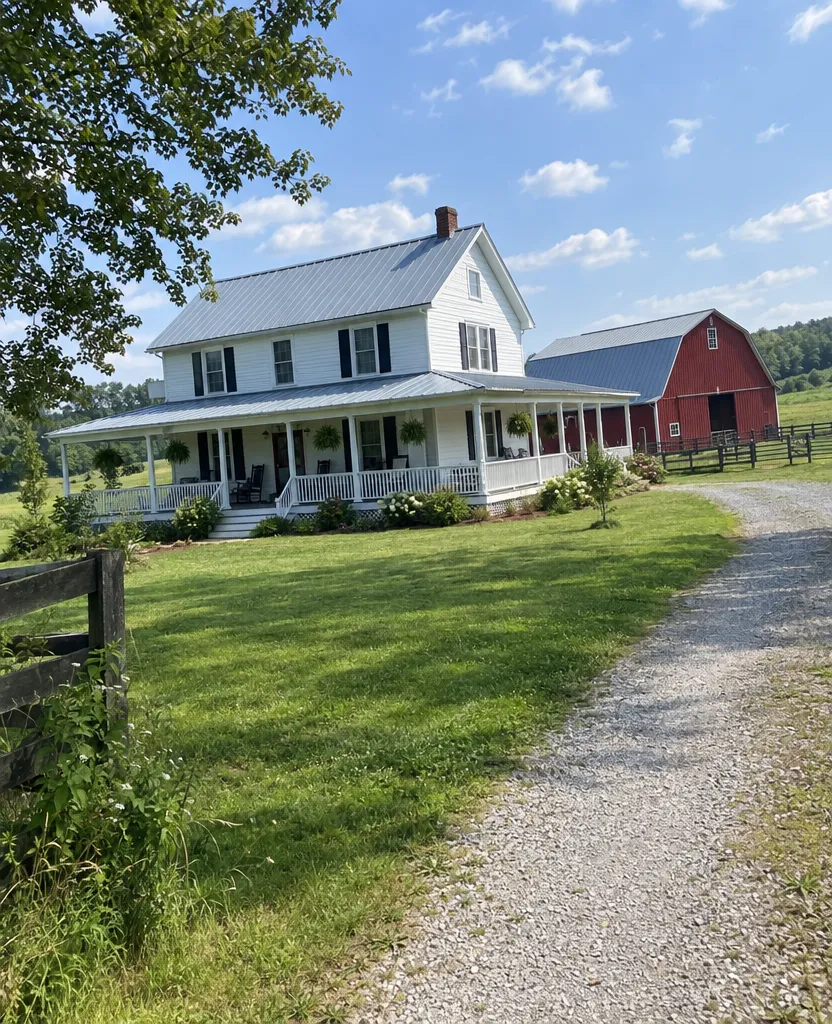 Original phone photo of a white farmhouse with a red barn