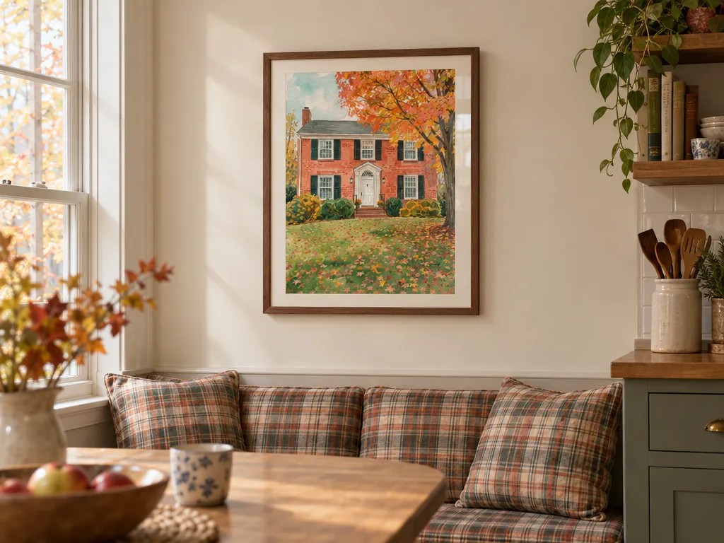 Gouache painting of a brick house in a walnut frame in a kitchen breakfast nook