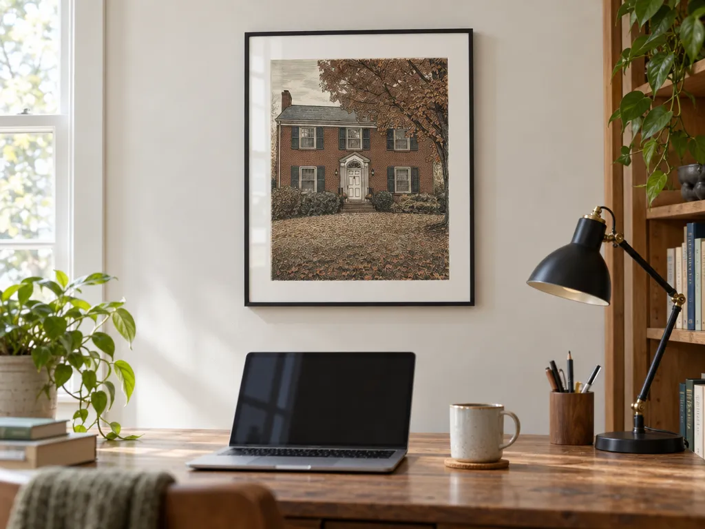 Pen and ink house portrait in a black frame with a white mount above a home-office desk