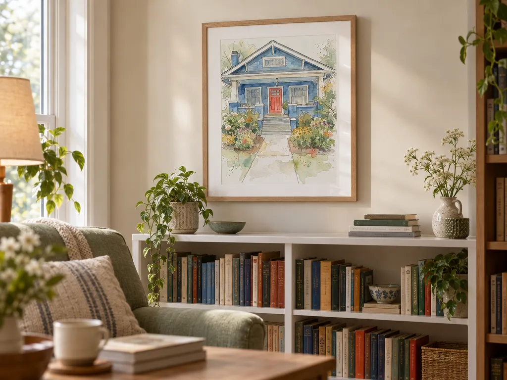 Watercolor and ink house portrait in an oak frame above a bookshelf in a reading corner