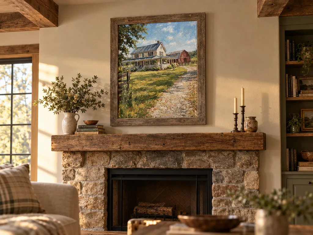 Oil painting of a farmhouse in a rustic wood frame above a stone fireplace
