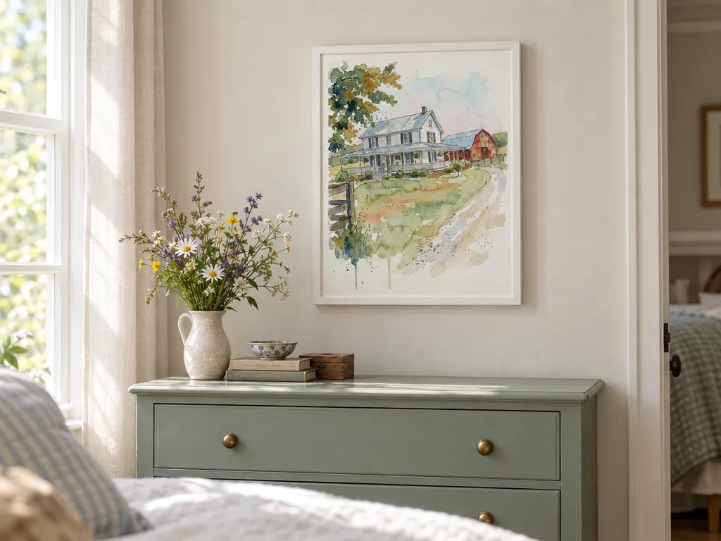 Watercolor and ink farmhouse portrait in a white frame above a painted dresser