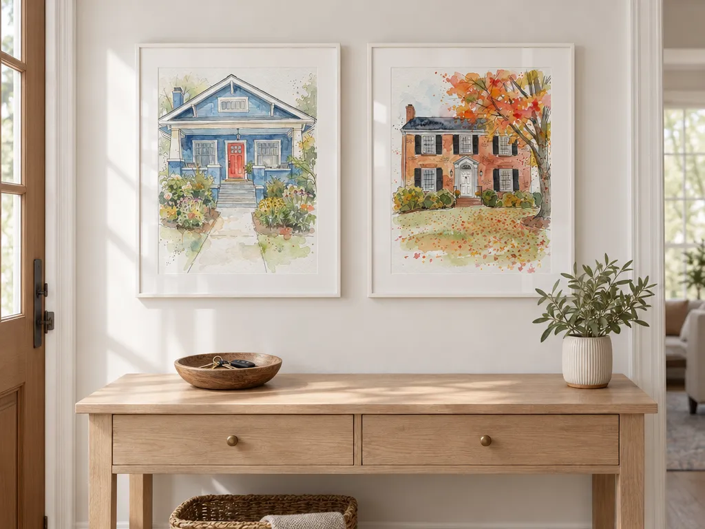 Two watercolor and ink house portraits in white frames above a console in an entrance hall