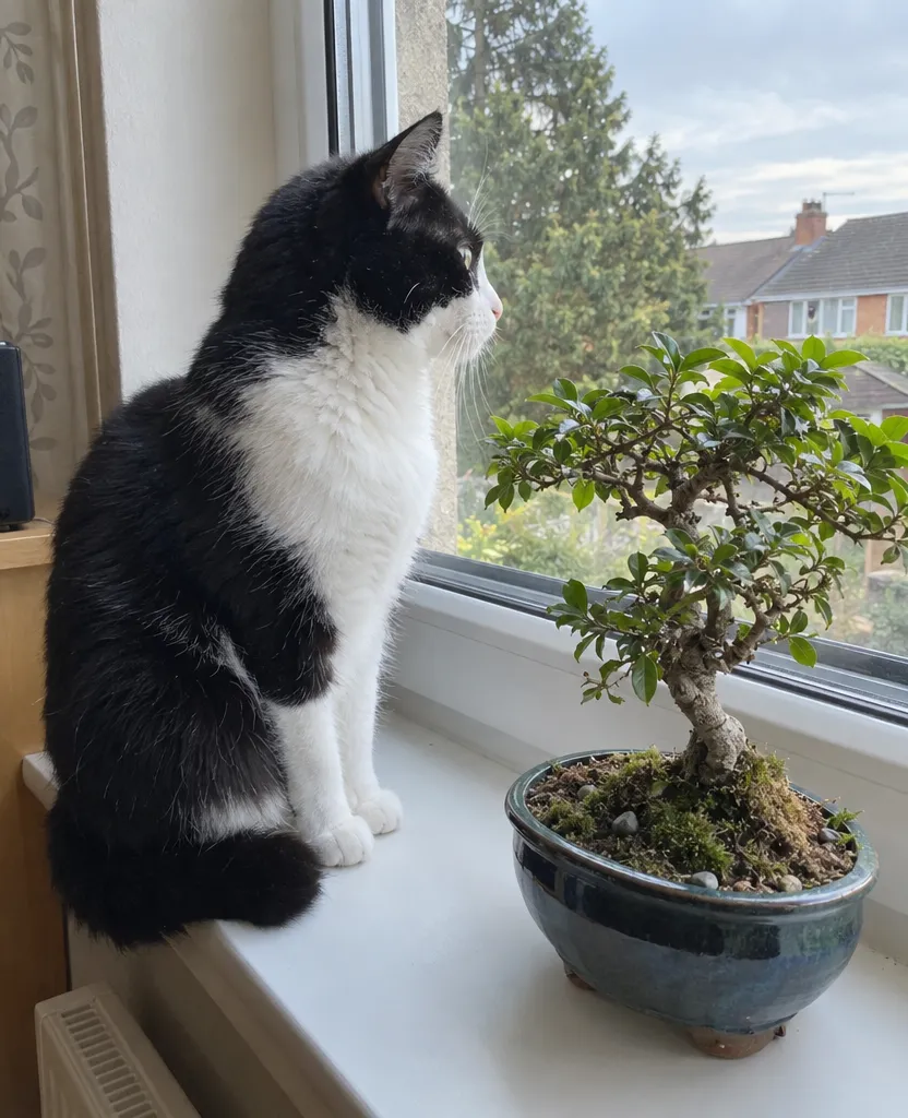 Original phone photo of a black-and-white cat next to a bonsai on a windowsill