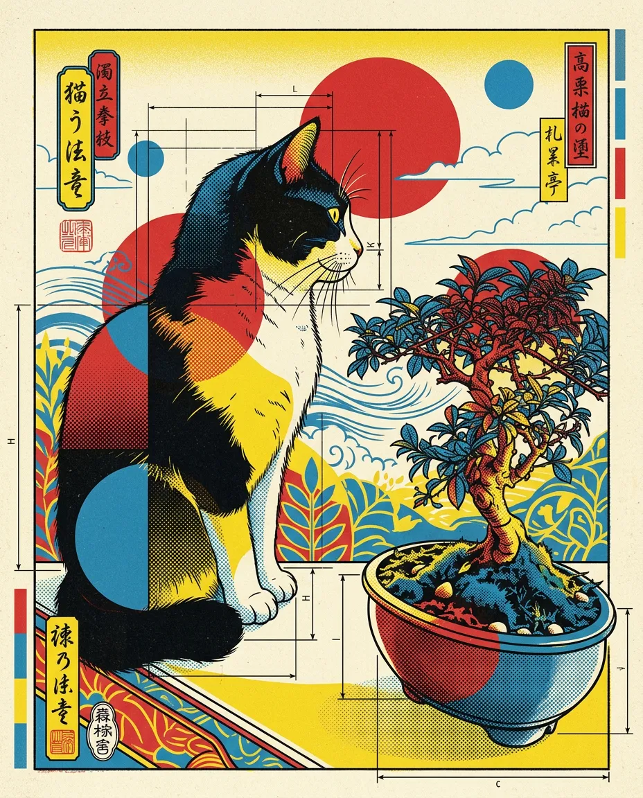Cat with a bonsai as a technical Ukiyo-e print