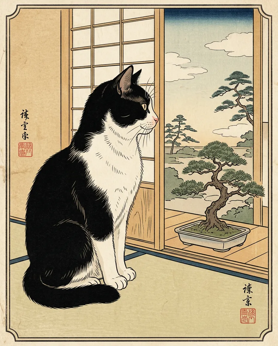 Black-and-white cat by a bonsai as a Ukiyo-e print