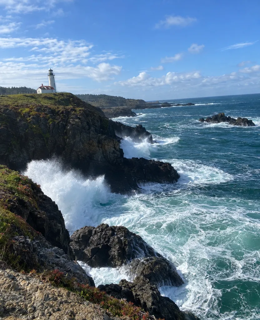 Original phone photo of waves crashing on a rocky coast with a lighthouse