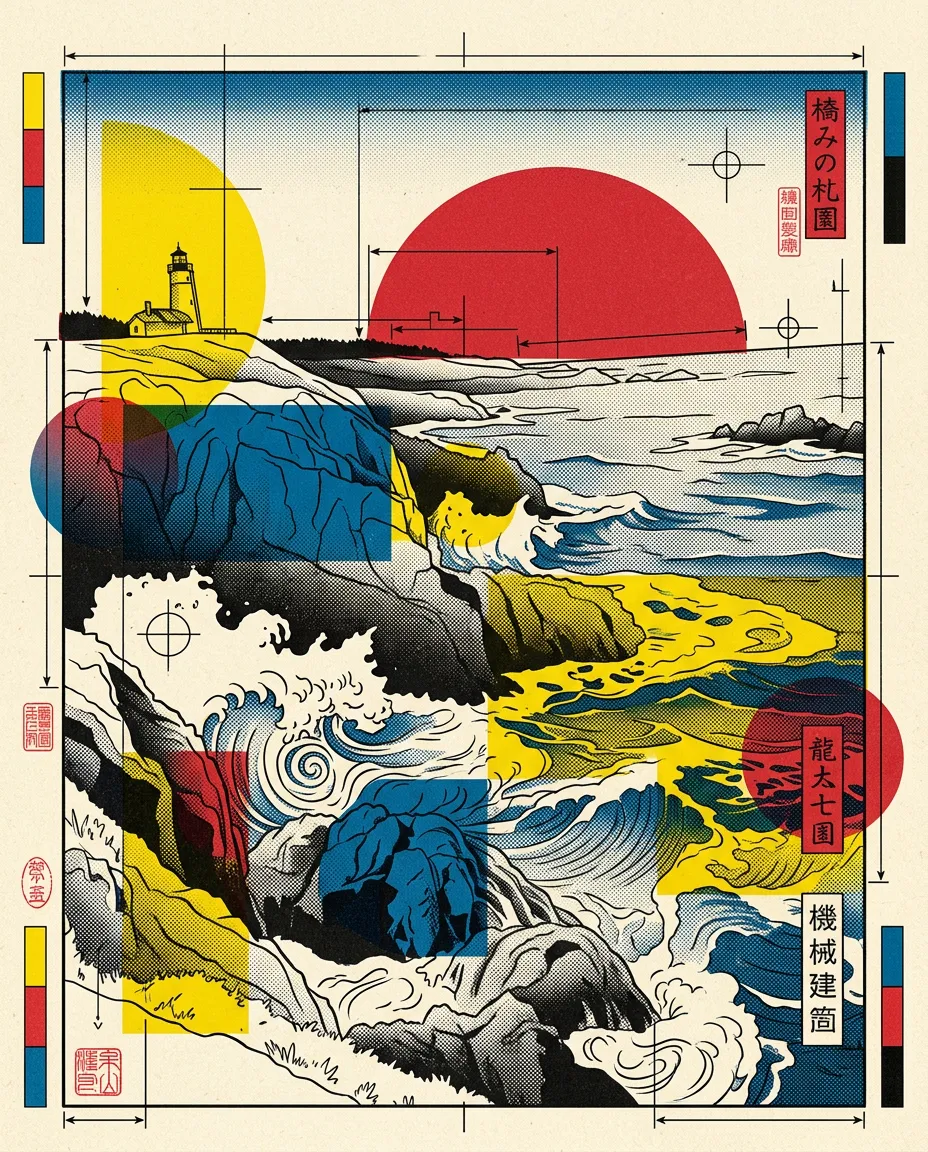 Rocky coast with a lighthouse as a technical Ukiyo-e print