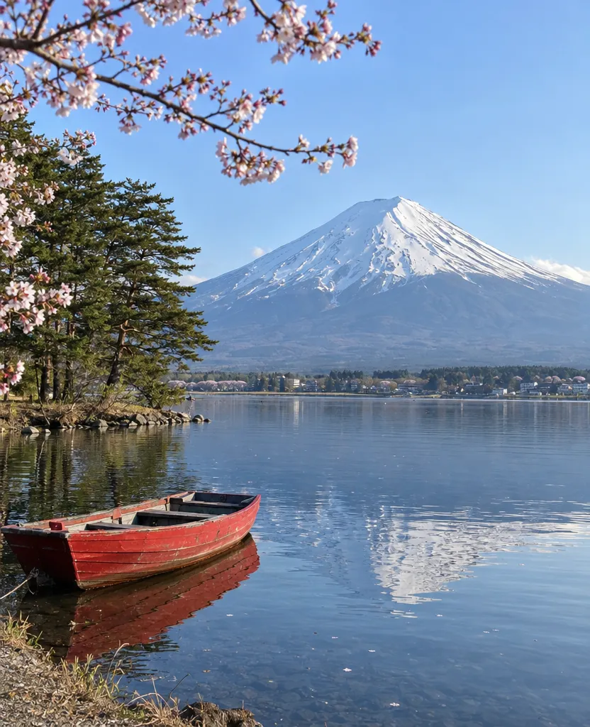 Phone photo of a snow-capped mountain reflected in a calm lake with a red boat