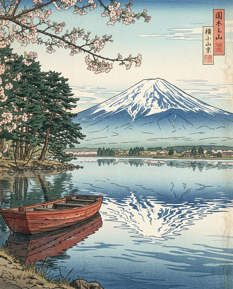 Mountain lake as a Ukiyo-e woodblock print