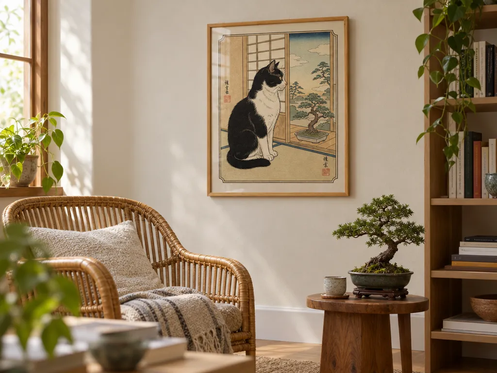Ukiyo-e cat print in a bamboo-colored frame above a rattan armchair
