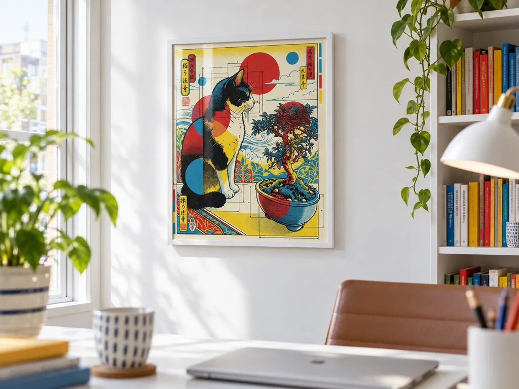Technical Ukiyo-e cat print in a white frame above a home-office desk
