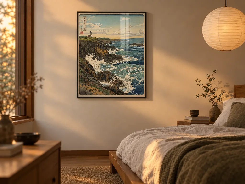 Ukiyo-e coast print in a black frame next to a low platform bed