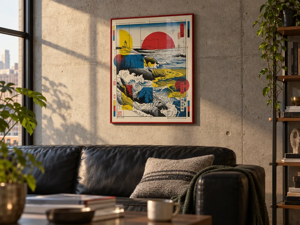Technical Ukiyo-e coast print in a red frame on a concrete loft wall