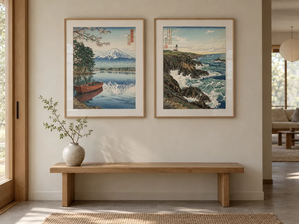 Two Ukiyo-e prints in matching wooden frames above a low oak bench