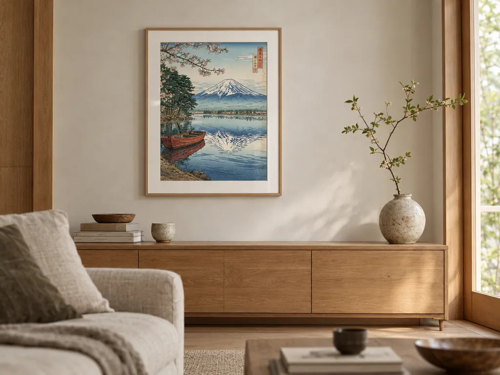 Ukiyo-e mountain print in a thin wooden frame above an oak sideboard