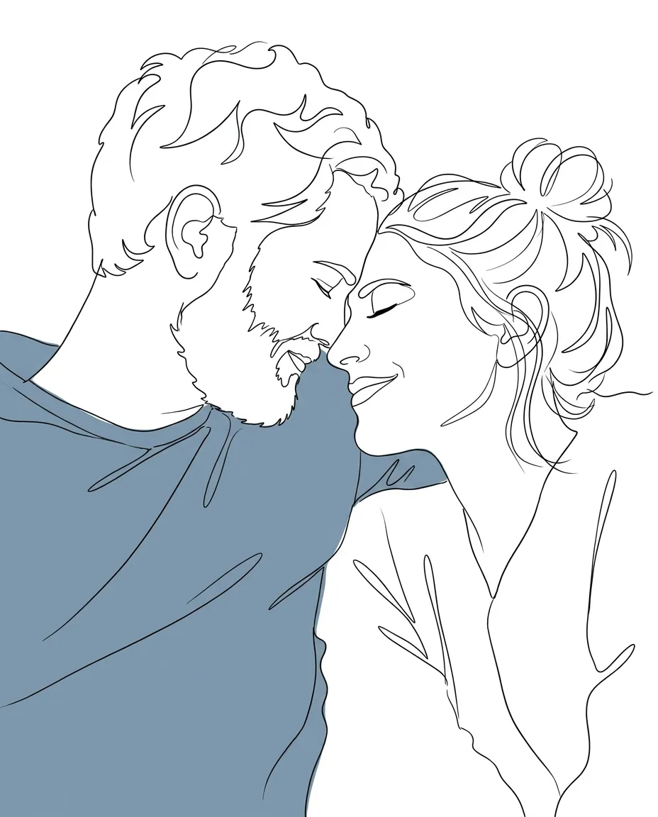 Couple as continuous line art with a blue color block