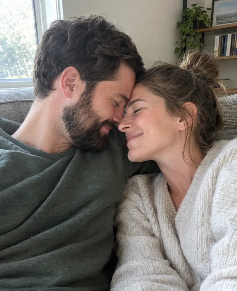 Phone photo of a couple cuddling on a sofa with foreheads touching