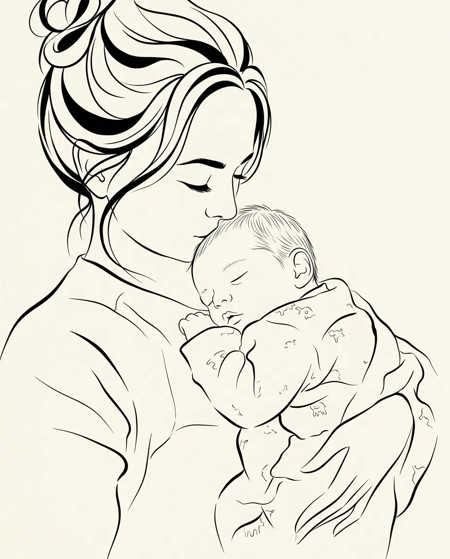 Mother and newborn as minimalist ink line art