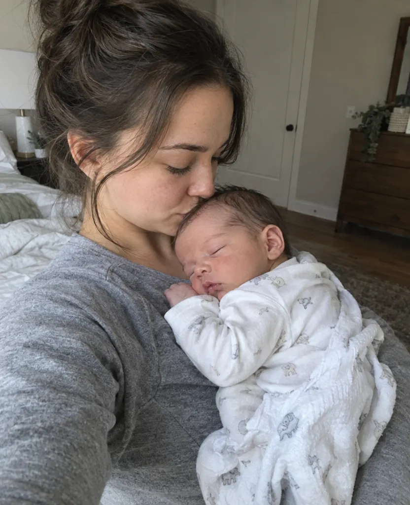 Original phone photo of a mother kissing her sleeping newborn
