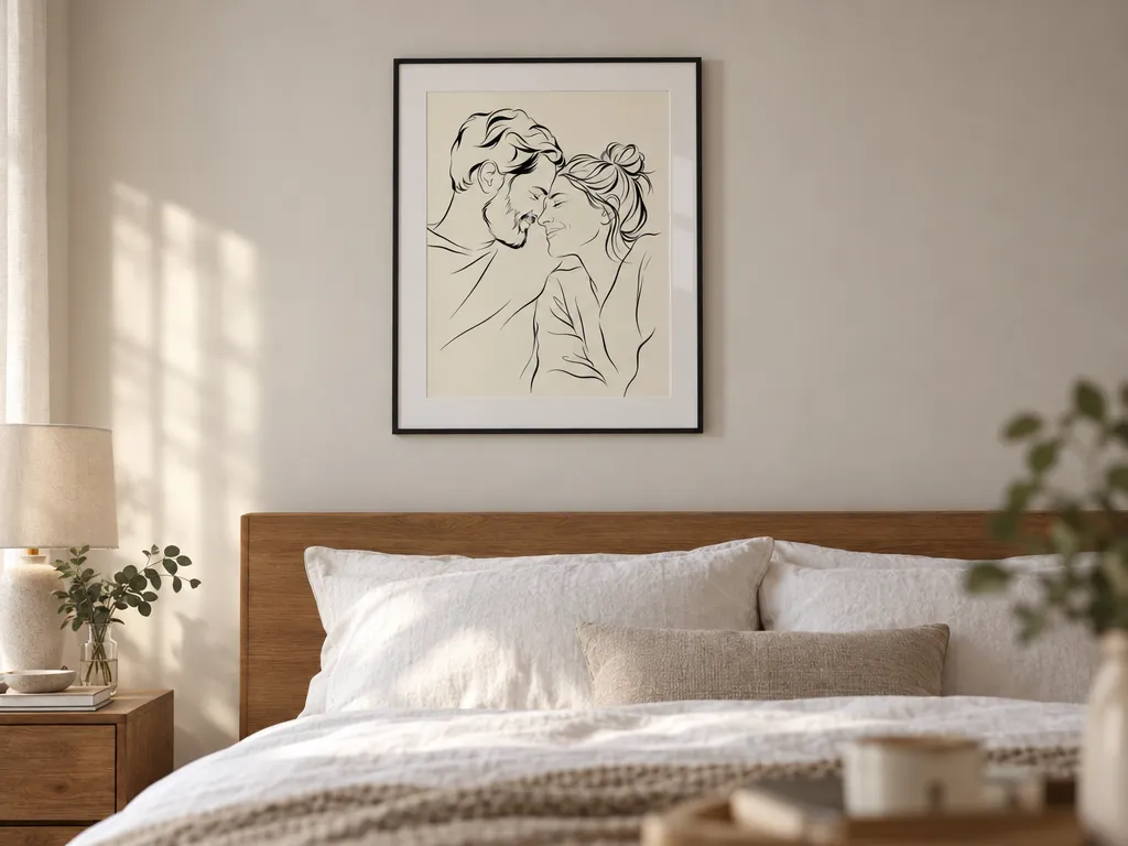 Ink line art of a couple in a black frame above a bed with white linen