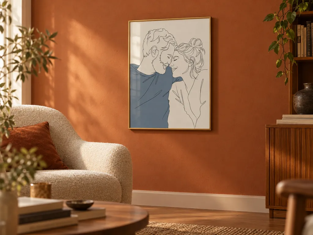 Contour line art of a couple in a gold frame on a terracotta wall