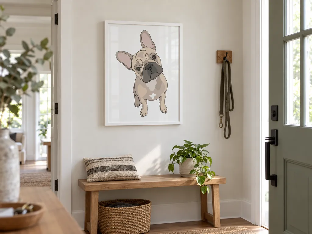 Contour line art of a French bulldog in a white frame in a hallway