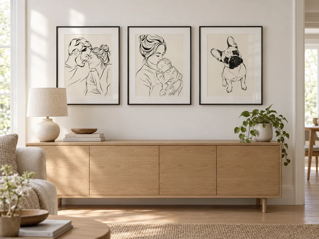 Three ink line art prints in matching black frames above an oak sideboard