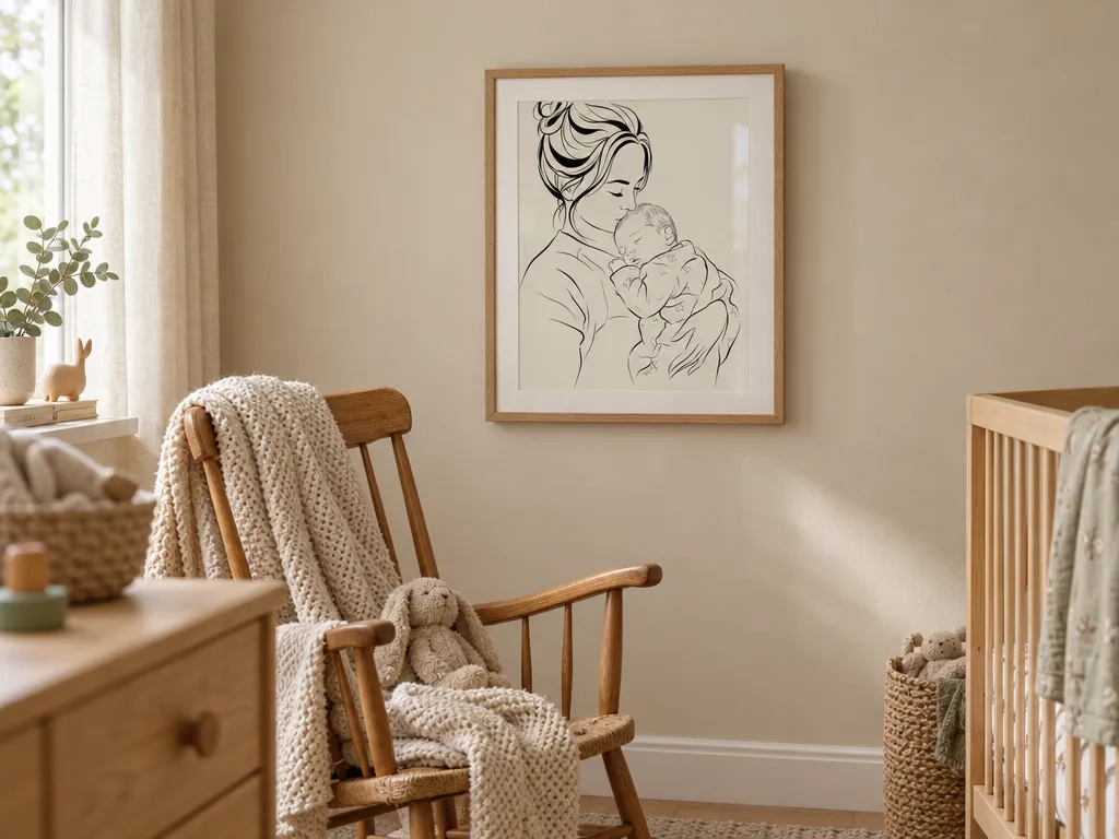 Ink line art of a mother and baby in an oak frame above a rocking chair