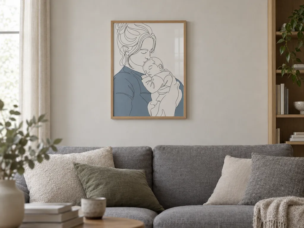 Contour line art of a mother and baby in an oak frame above a grey sofa
