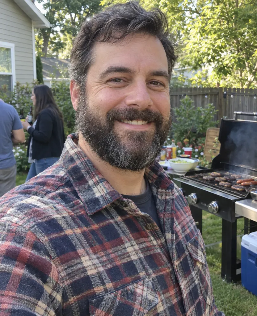 Original phone photo of a bearded man grinning at a backyard barbecue