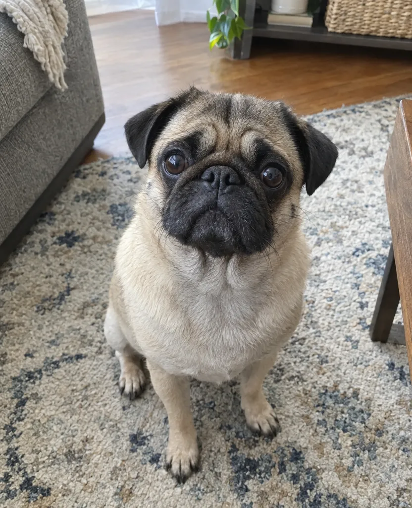 Original phone photo of a pug looking up seriously from a living room rug