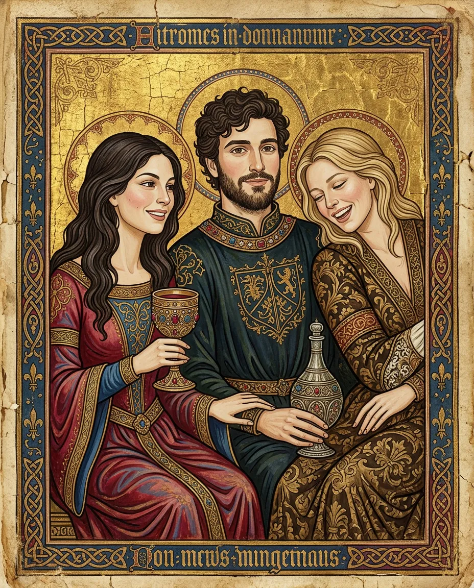 The same friends as a medieval manuscript painting with gold halos