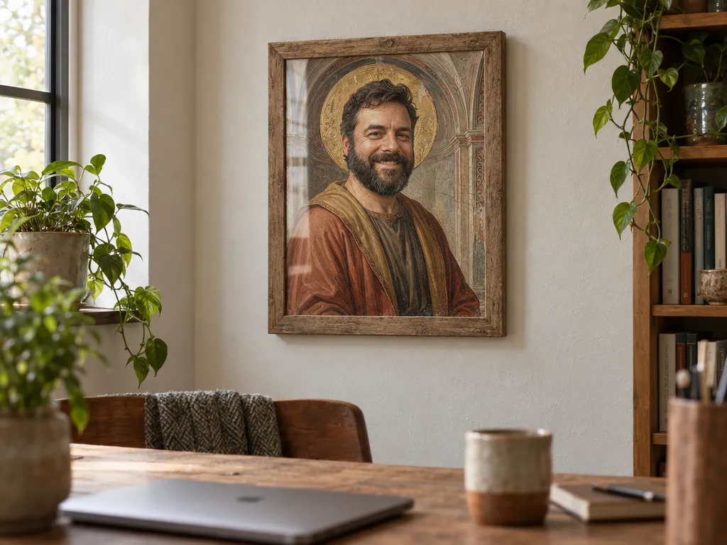 Fresco portrait of a bearded man in a natural wood frame above a home-office desk