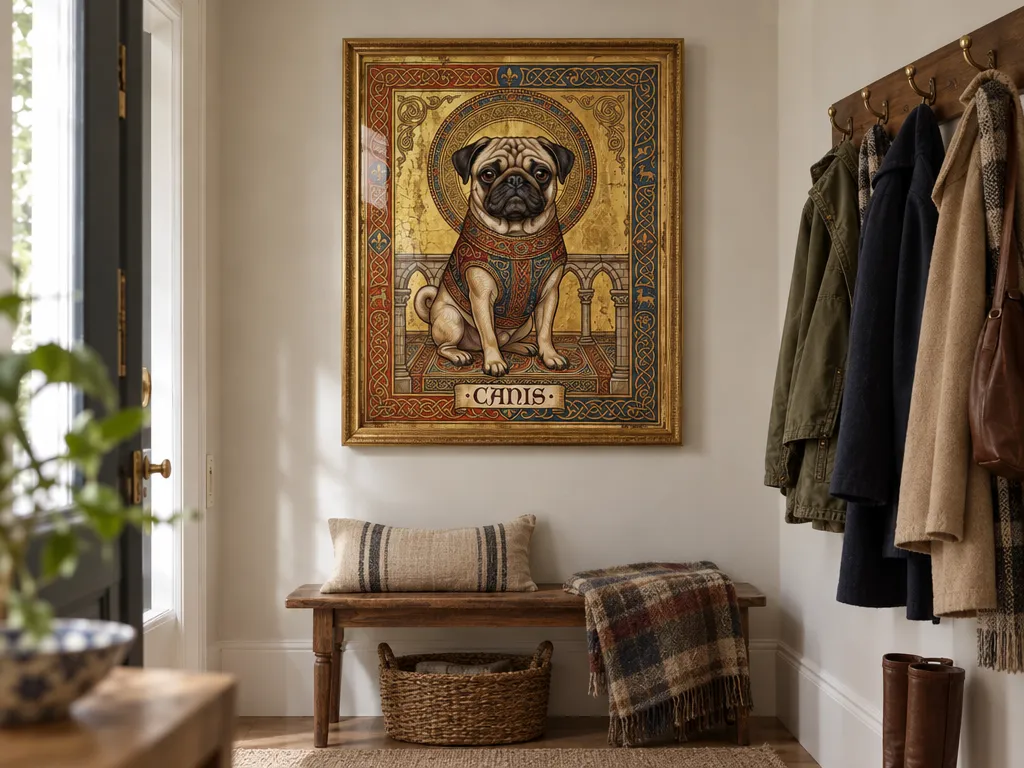 Medieval portrait of a pug in a gilded frame in a hallway with coats on hooks