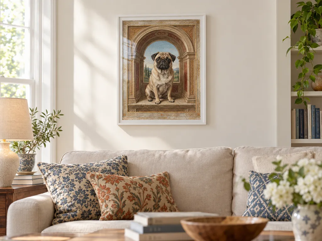 Fresco painting of a pug in a white frame above a sofa with patterned cushions