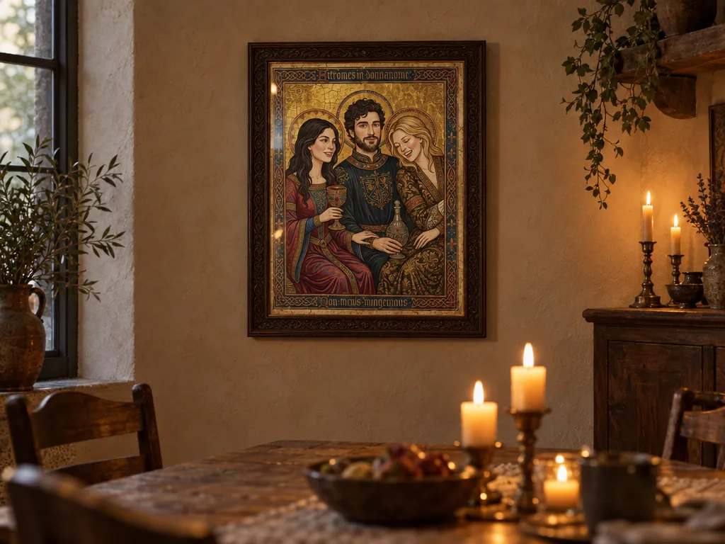 Medieval painting of three friends in a carved wooden frame above a candlelit dining table