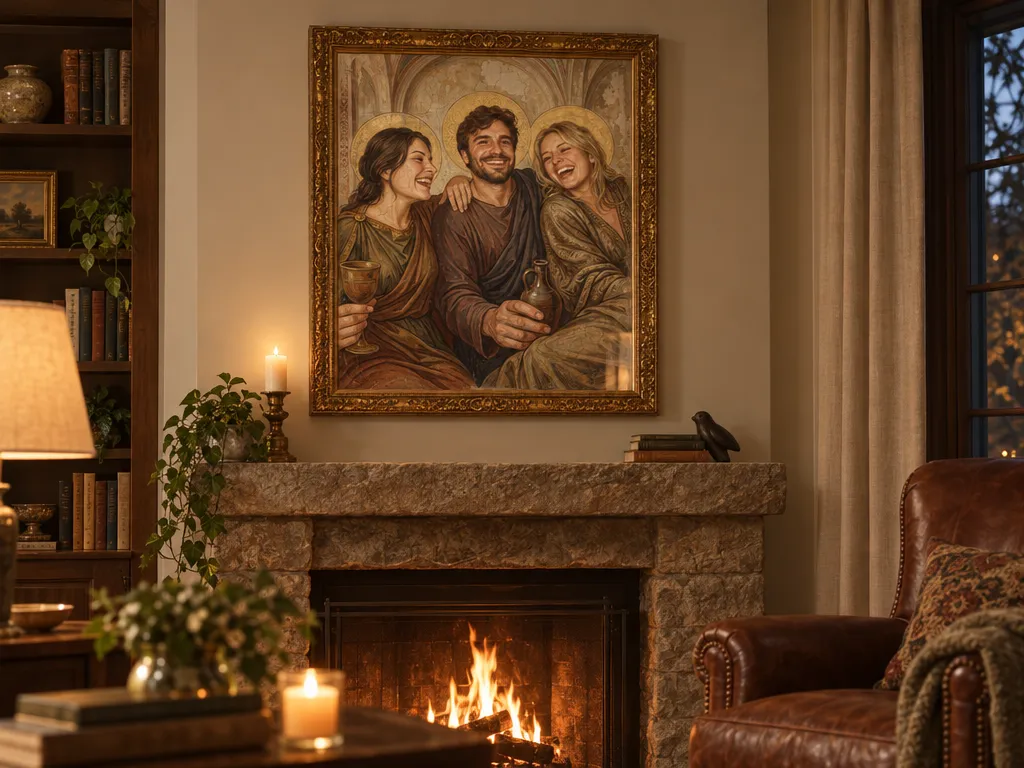 Fresco painting of three friends in an ornate gold frame above a stone fireplace