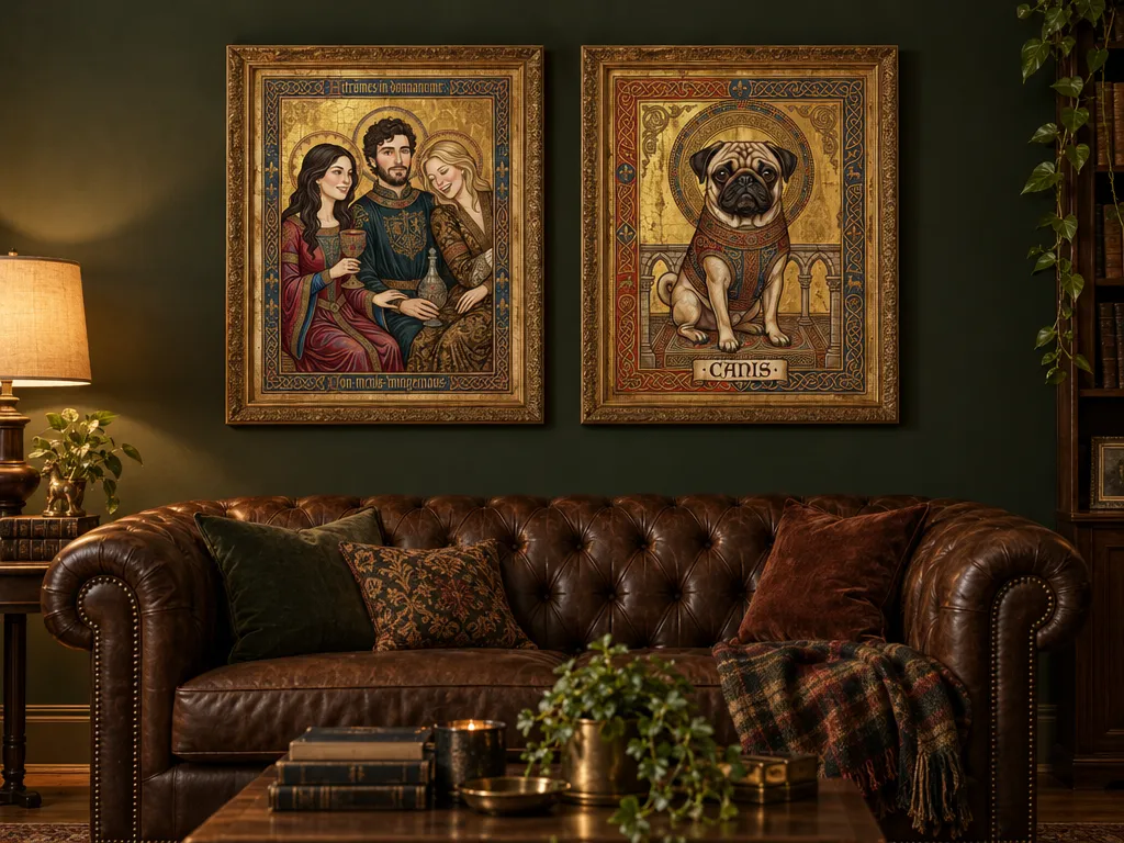 Medieval paintings of three friends and a pug in gold frames on a dark green wall above a chesterfield sofa