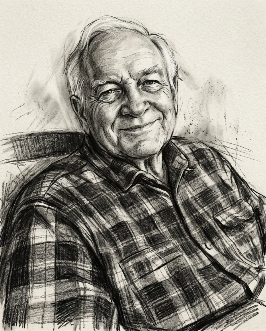 Grandfather on a porch as a charcoal portrait