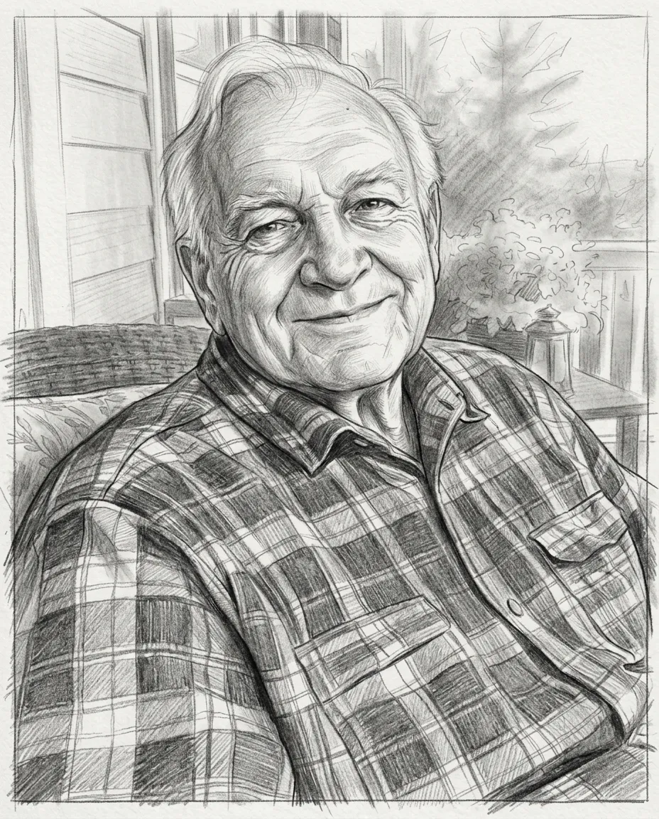 Grandfather on a porch as a pencil drawing