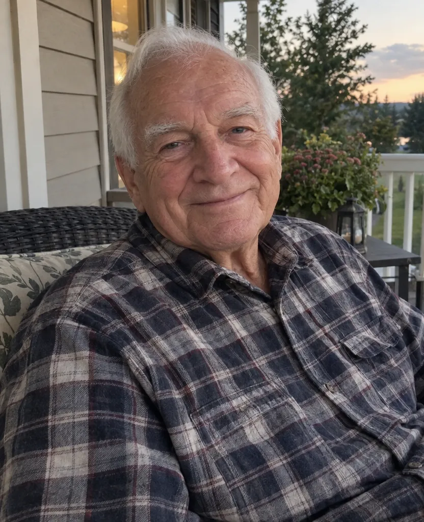 Phone photo of a grandfather with white hair and a flannel shirt smiling on a porch