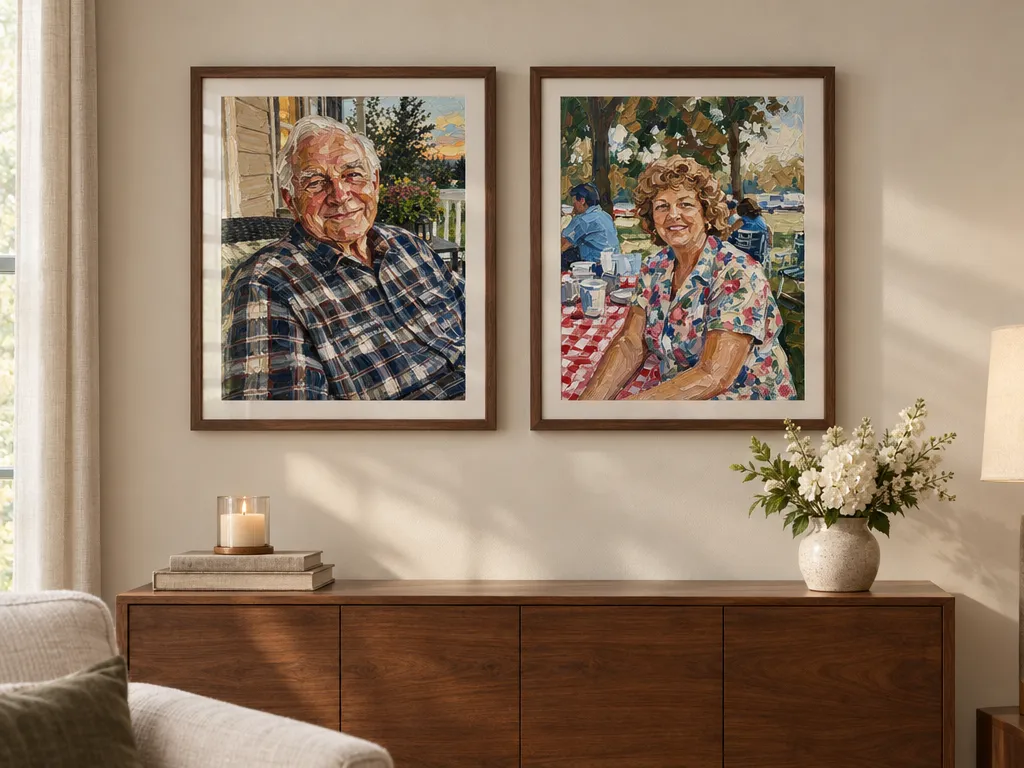 Two oil painting memorial portraits in walnut frames above a sideboard with a candle and white flowers