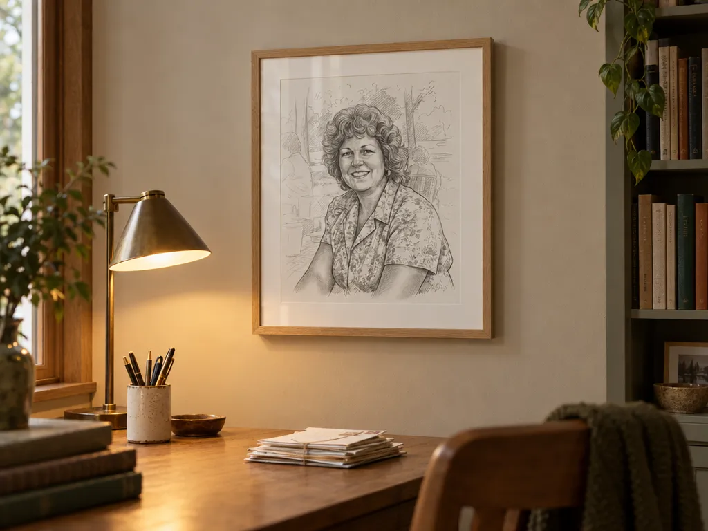 Pencil drawing from an old family photo in an oak frame above a writing desk