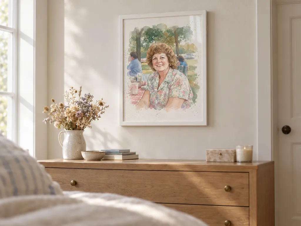 Watercolor portrait from an old family photo in a white frame above a bedroom dresser