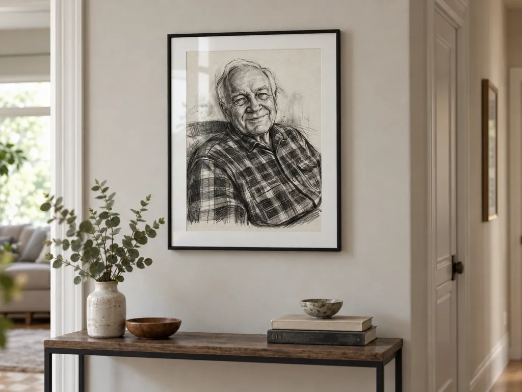 Charcoal portrait of a grandfather in a black frame with a white mount in a hallway