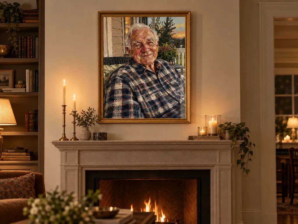 Oil painting of a grandfather in a gold frame above a fireplace mantel with candles