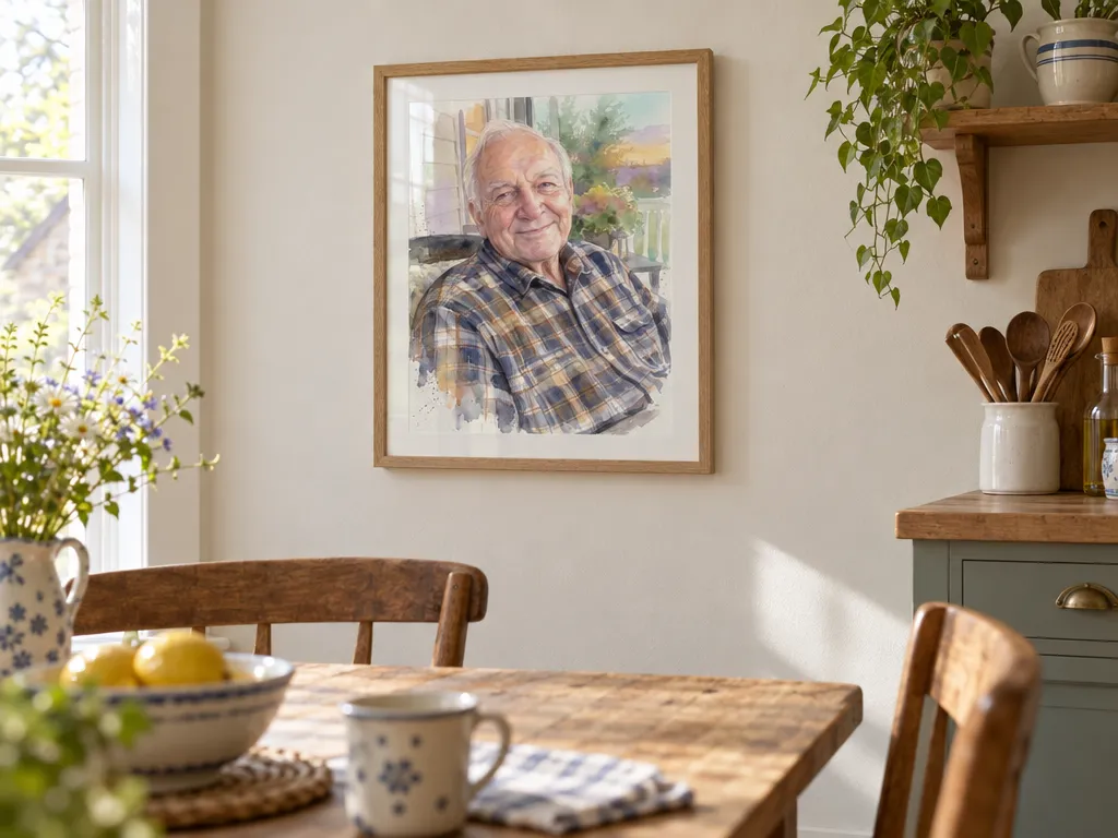 Watercolor of a grandfather in an oak frame above a farmhouse breakfast table