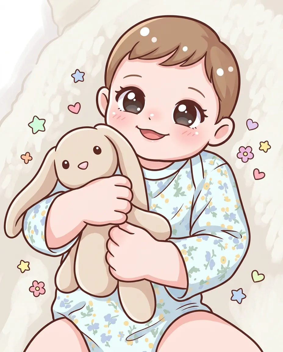 Baby with a stuffed bunny as kawaii nursery art